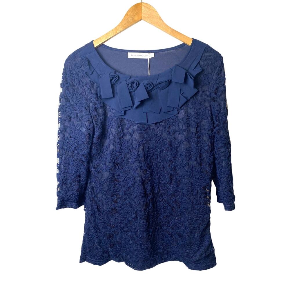 Navy Coquette 3/4 Sleeve Lace Overlay Blouse Applique Neckline Women's Size XXL